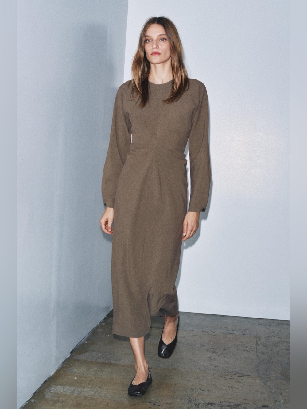 Zara ZW Collection Long-Sleeve Midi Dress in Taupe